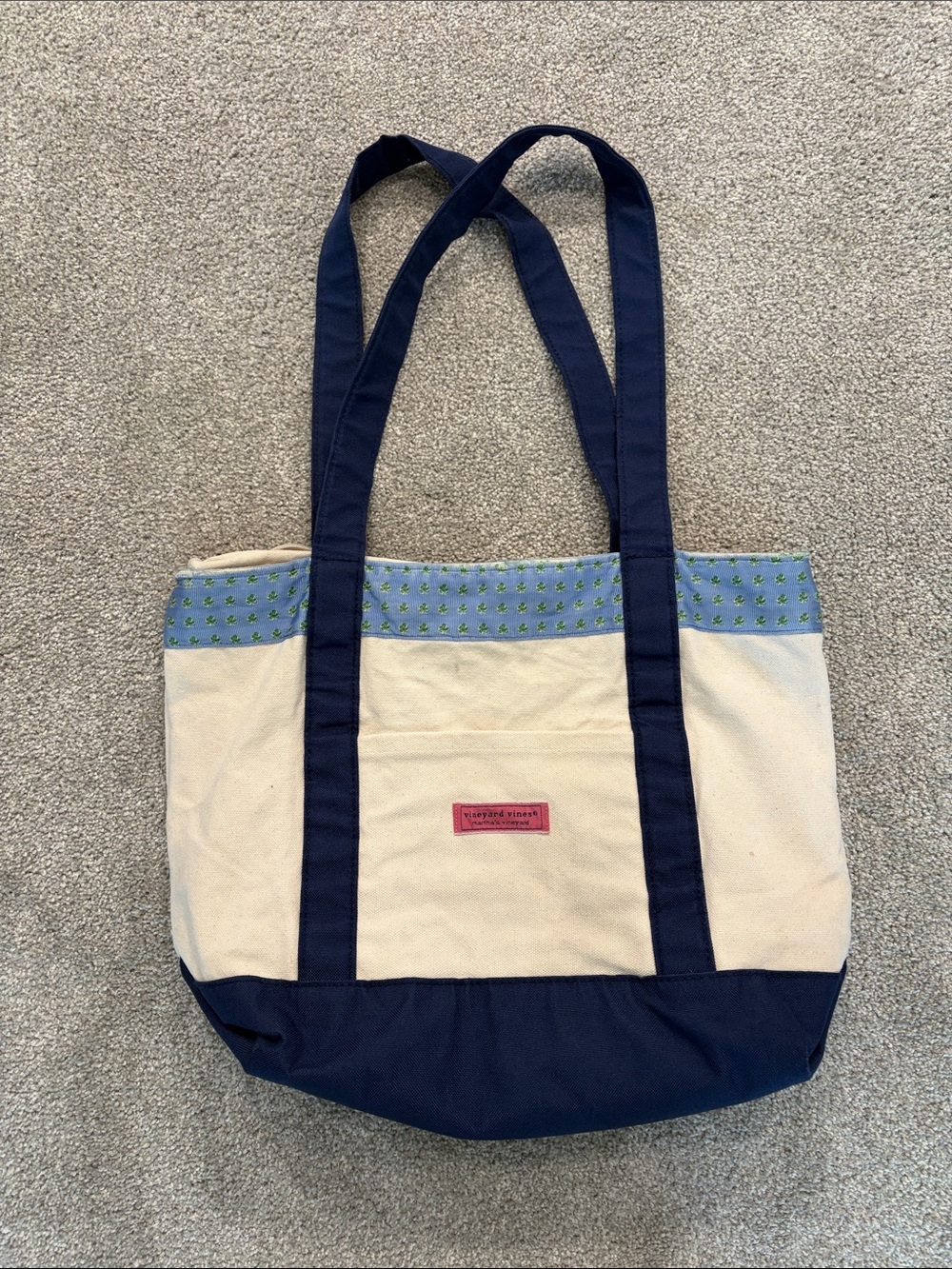 Vineyard Vines Navy and Cream Canvas Tote with Patterned Trim